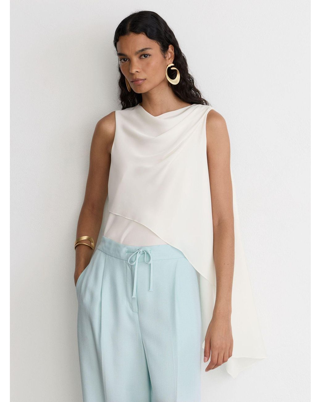 Reiss White Silk-Blend Draped Sleeveless Top