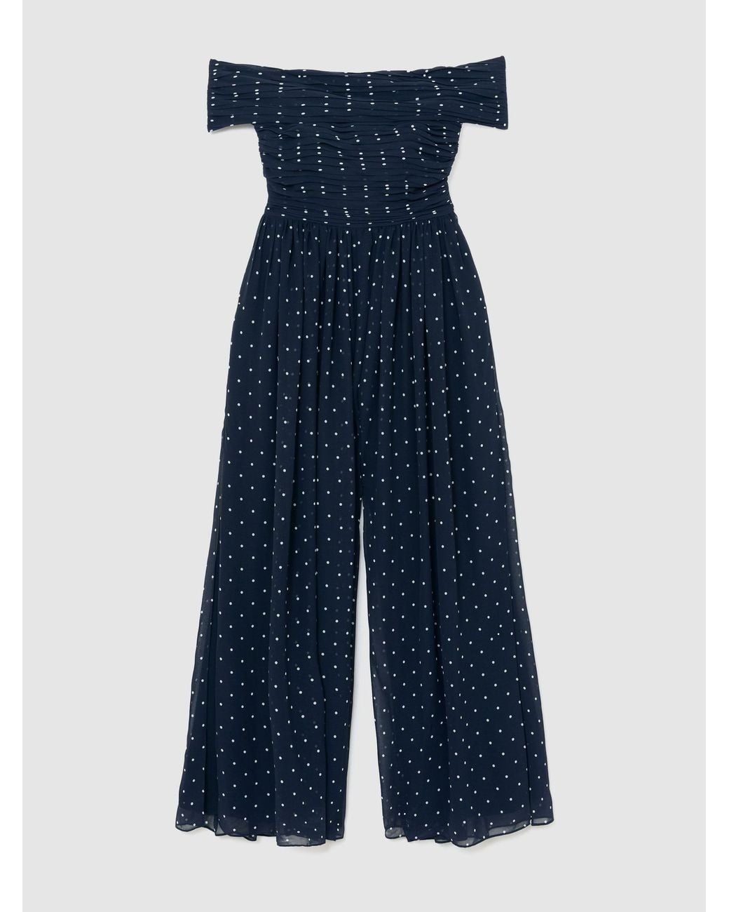 Reiss Blue Polka-Dot Bardot Wide-Leg Jumpsuit