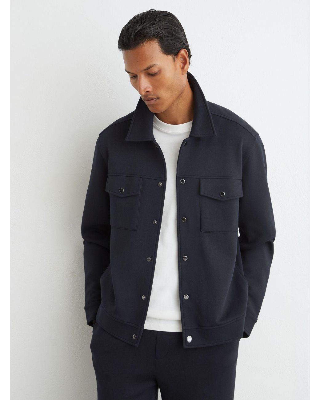 Reiss Blue Sueded Interlock Jersey Twin-Pocket Overshirt for men