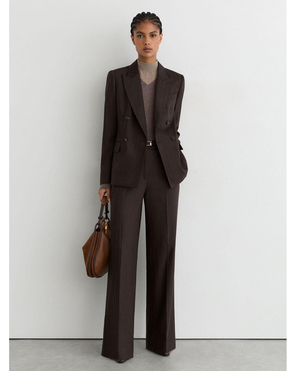 Reiss White Dawson Chocolate Petite Wool-Blend Herringbone Double-Breasted Blazer, Dark
