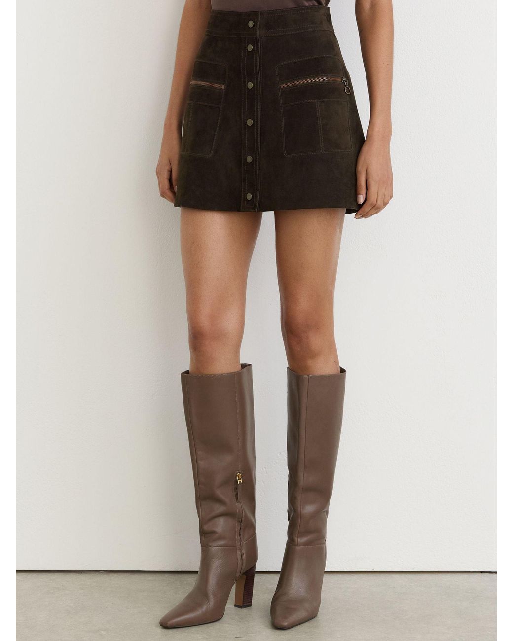 Reiss Black Suede Zip-Pocket Mini Skirt