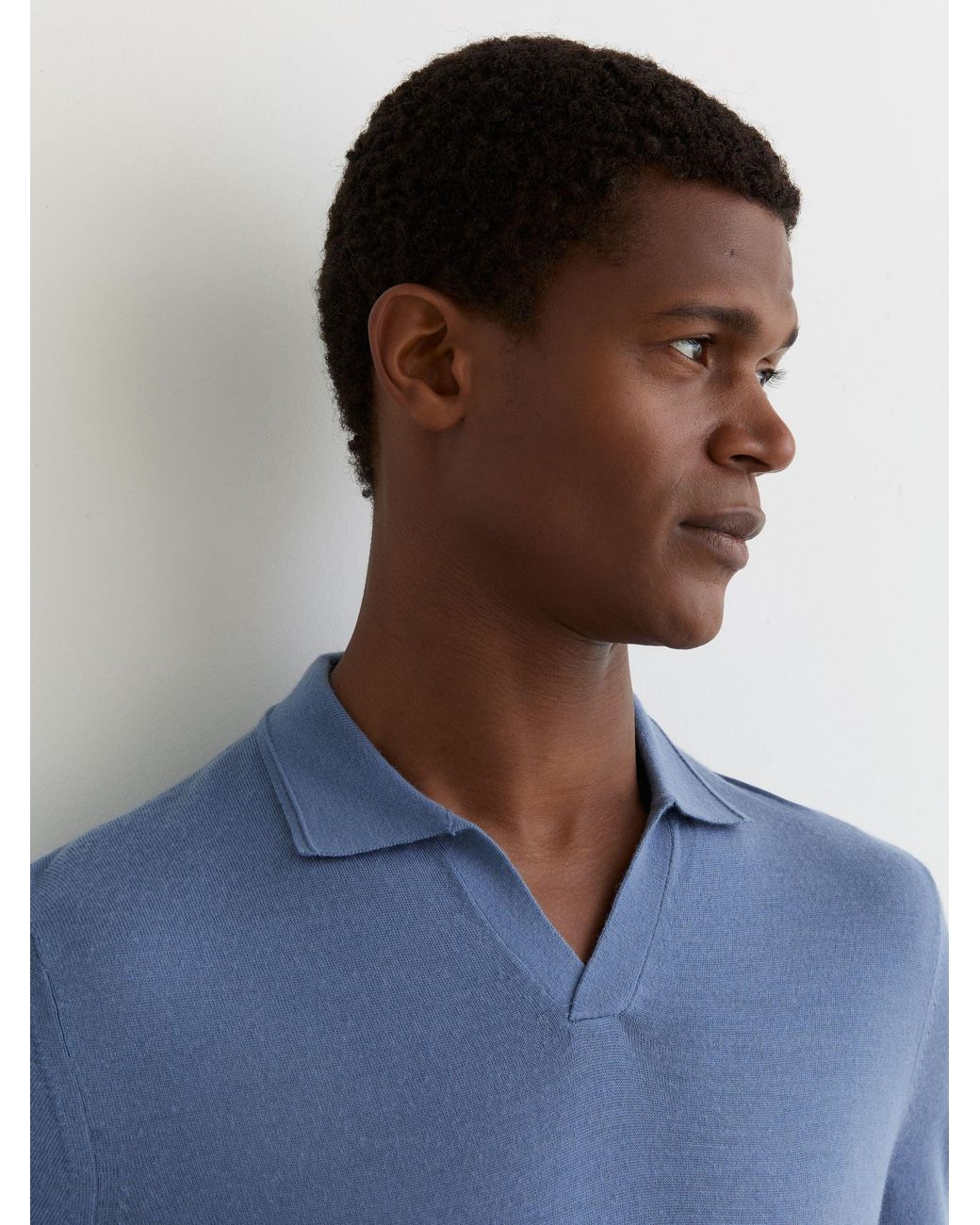 Reiss Blue Merino Wool Open-Collar Polo Shirt for men