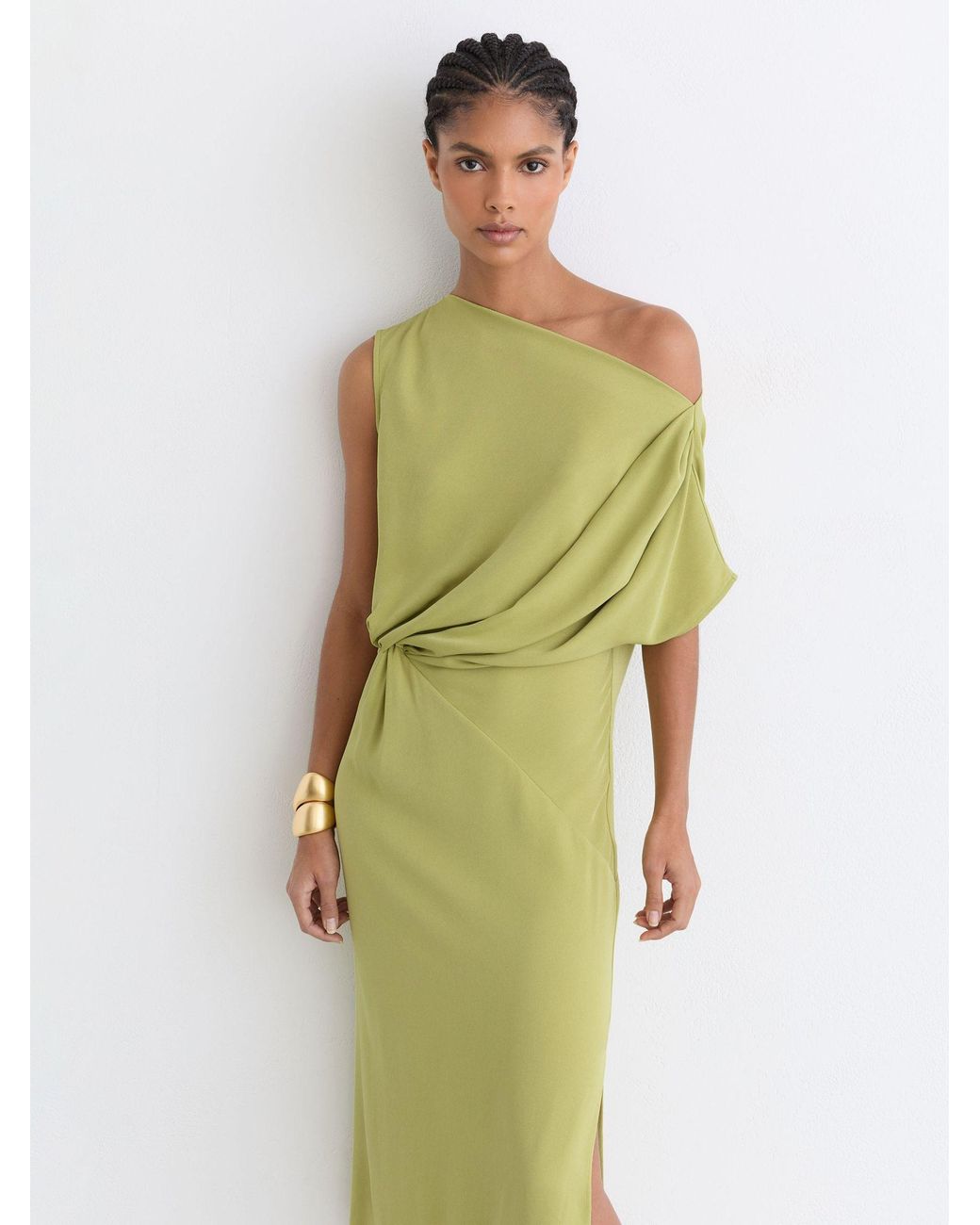 Reiss Green Off-Shoulder Tuck-Detail Midi Dress