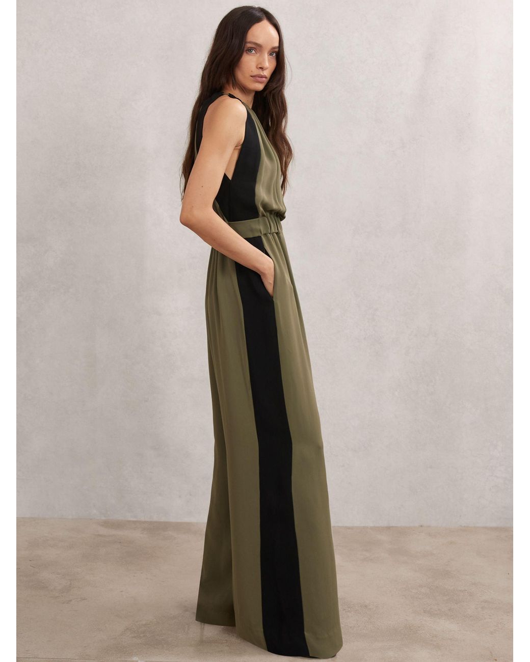 Reiss Green Color Block Gathered Wide-leg Jumpsuit