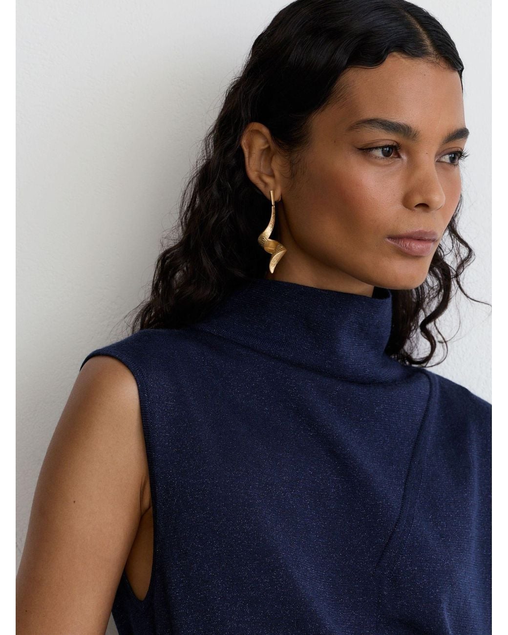 Reiss Blue Wool-Blend Metallic-Knit Funnel-Neck Vest
