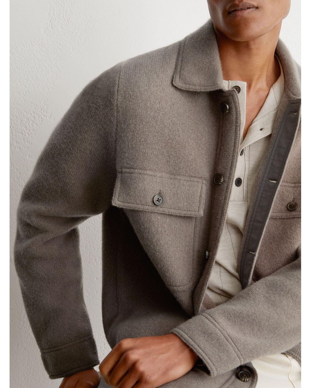 Reiss Banstead - Taupe Brown Brushed Wool Button-through Relaxed Overshirt, Xs for men
