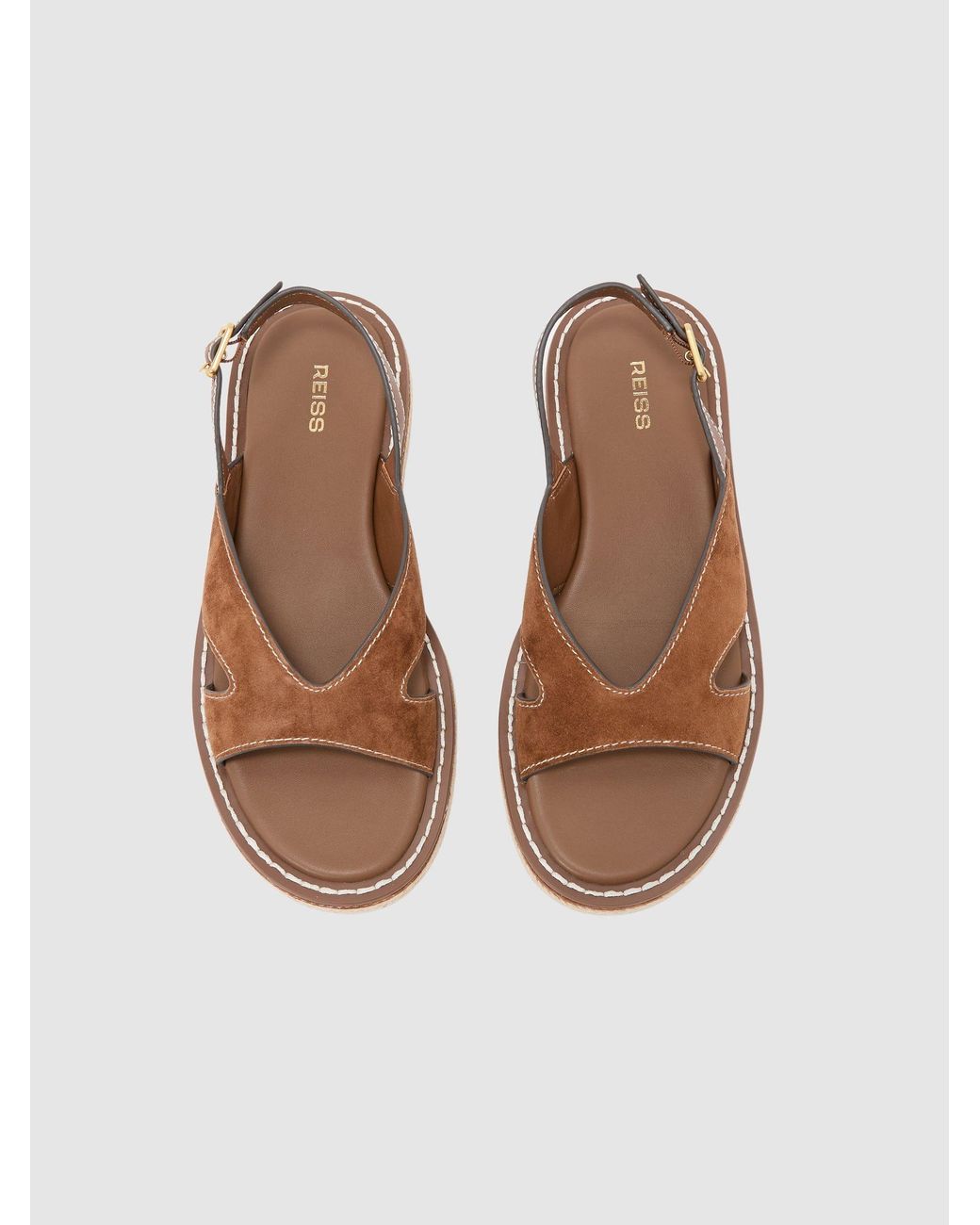 Reiss Brown Suede Contrast-Stitch Flat Sandals