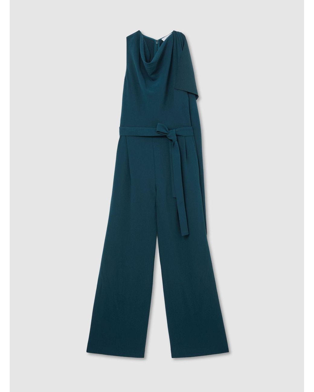 Reiss Blue Kelly - Teal Green Draped-detail Belted Wide-leg Jumpsuit, Us 10