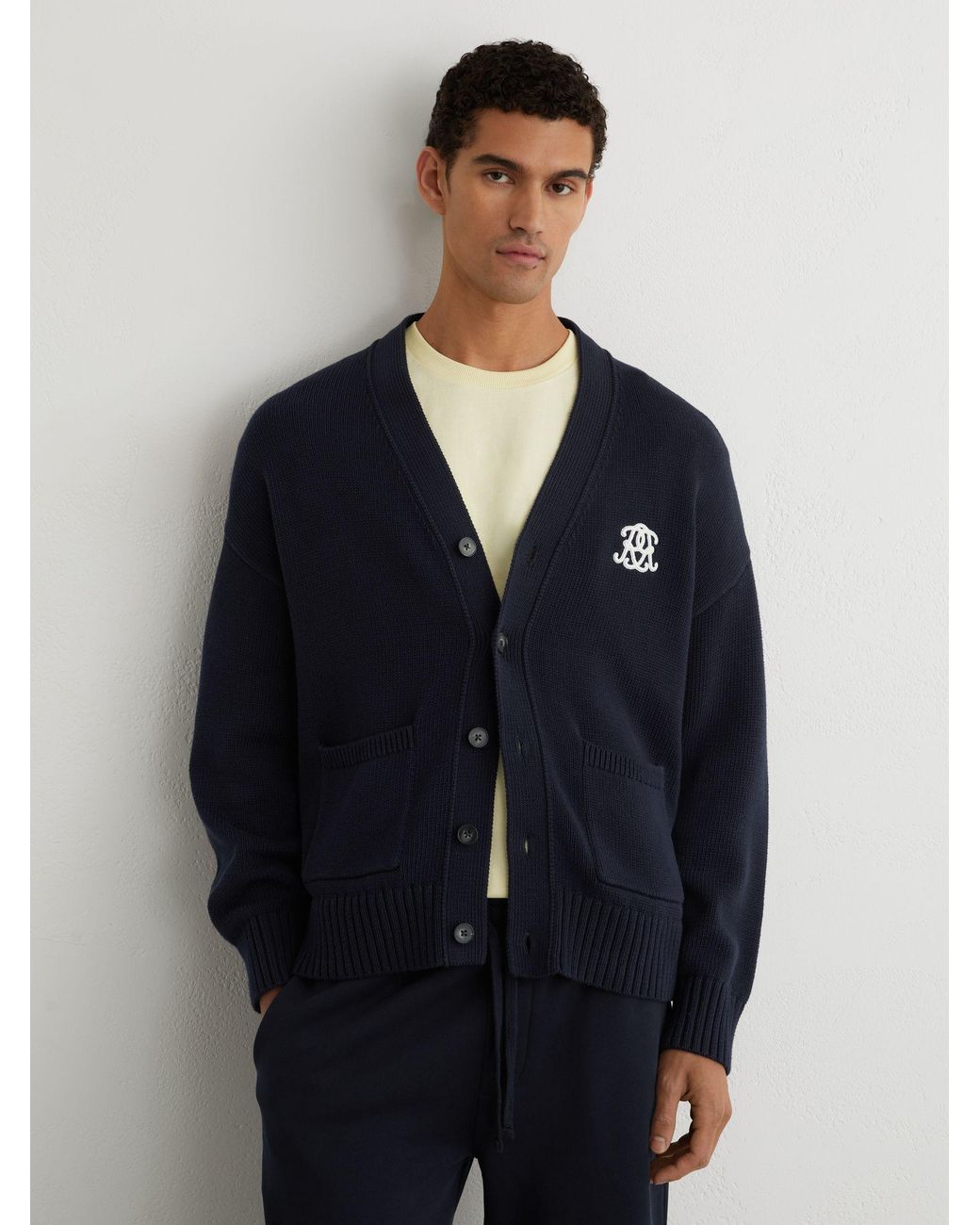 Reiss Blue Monogram-Embroidered Relaxed Cardigan for men