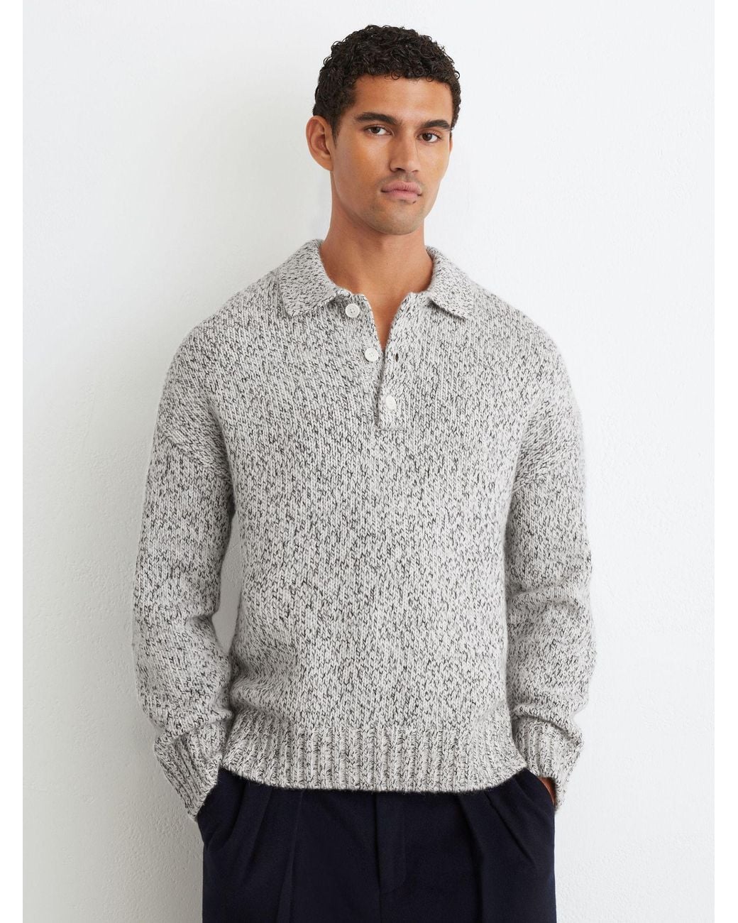 Reiss Gray Wool-Blend Speckled-Knit Half-Button Jumper for men