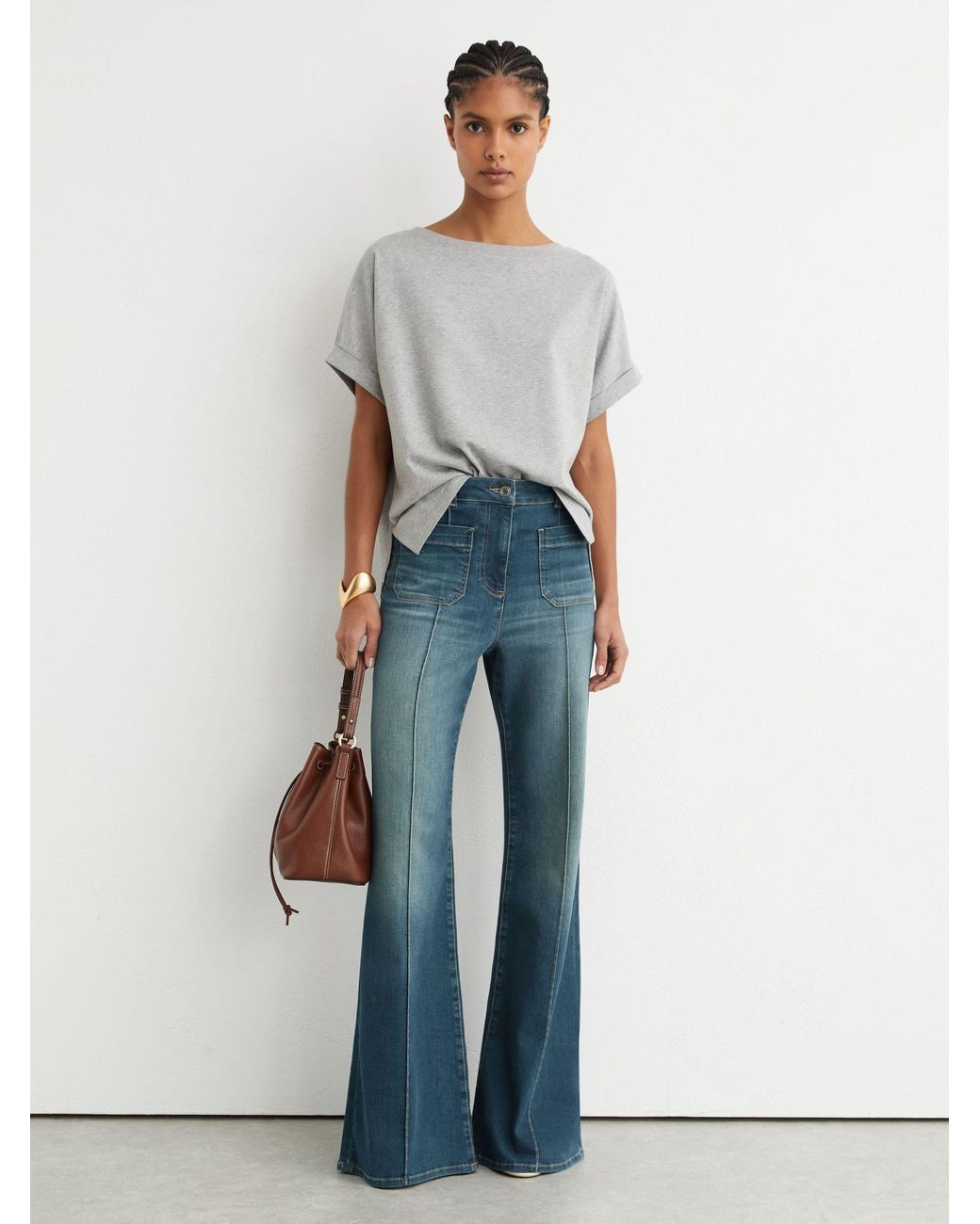 Reiss Blue Mid Sakura Tall Patch-Pocket Flared Jeans