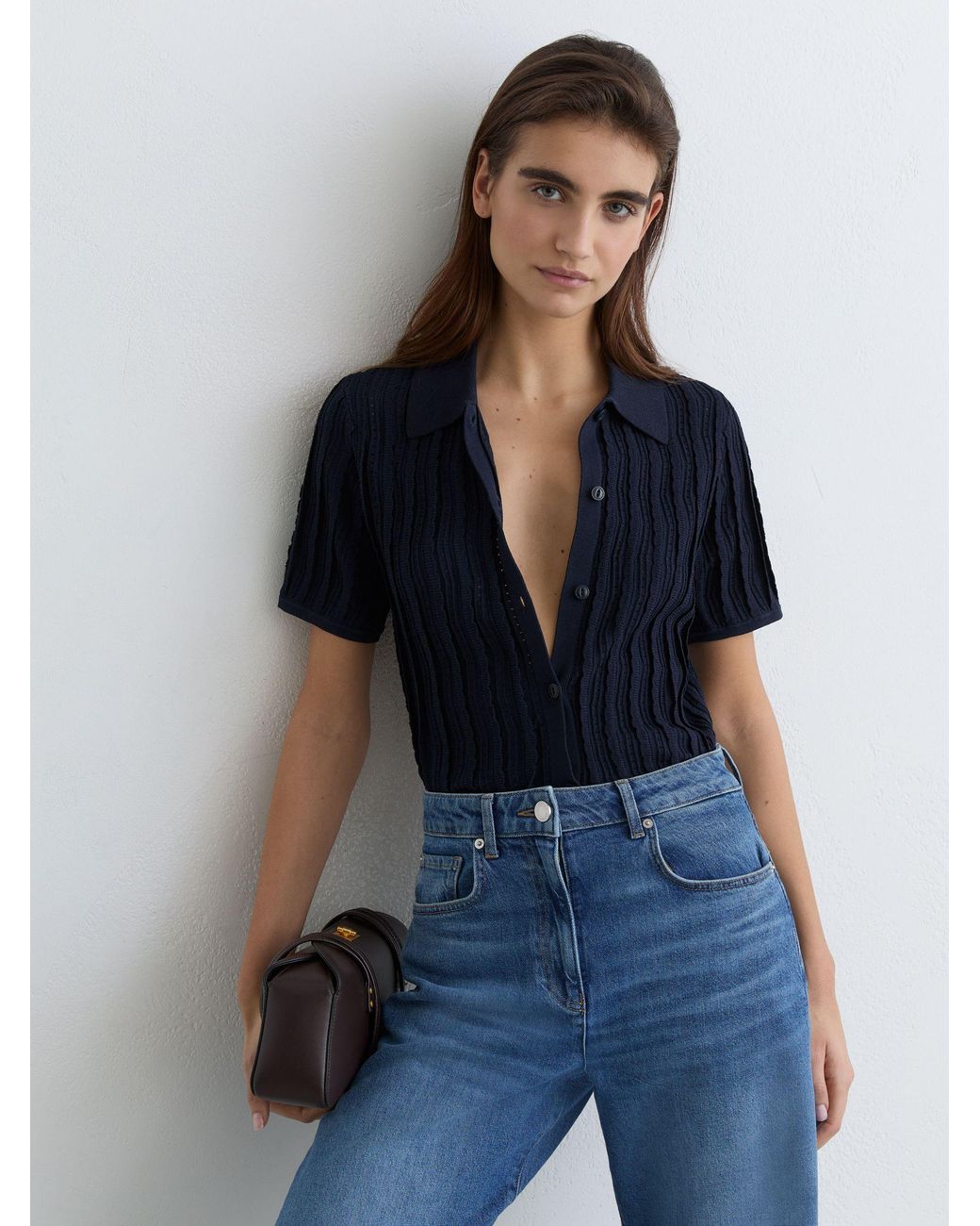 Reiss Blue Stitch-Detail Short-Sleeve Knitted Shirt