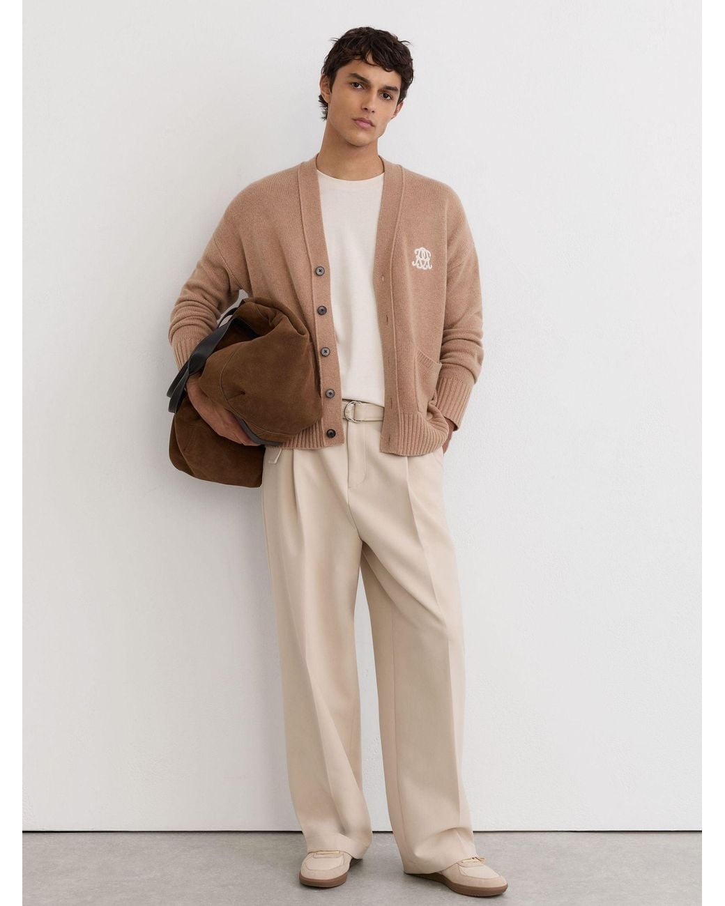 Reiss Natural Norris - Camel Brown Monogram Embroidered Relaxed Wool Cardigan, L for men