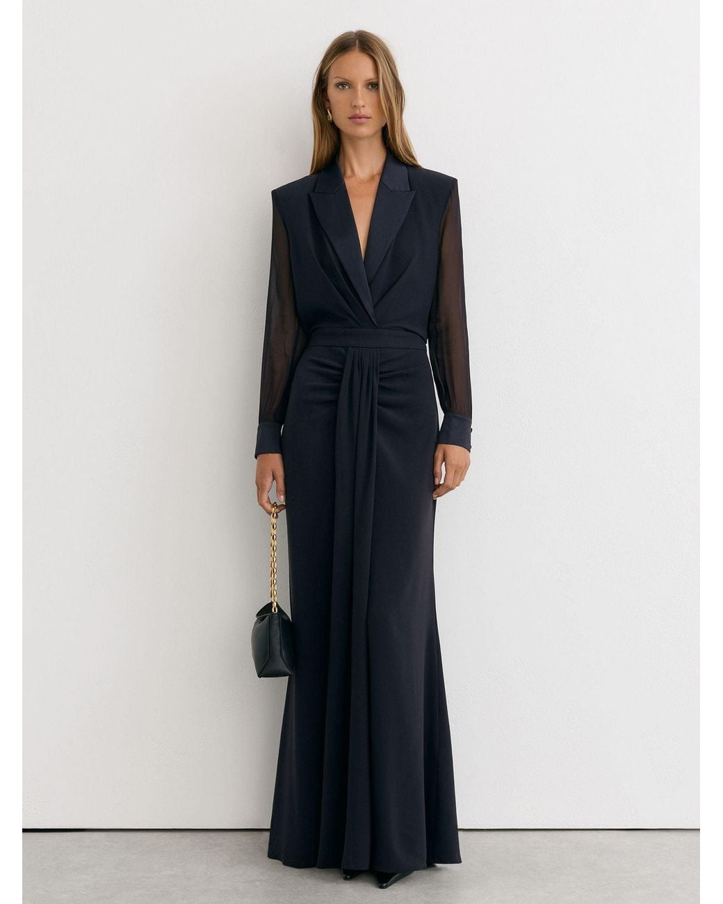 Reiss Blue Structured Sheer-Panel Maxi Dress