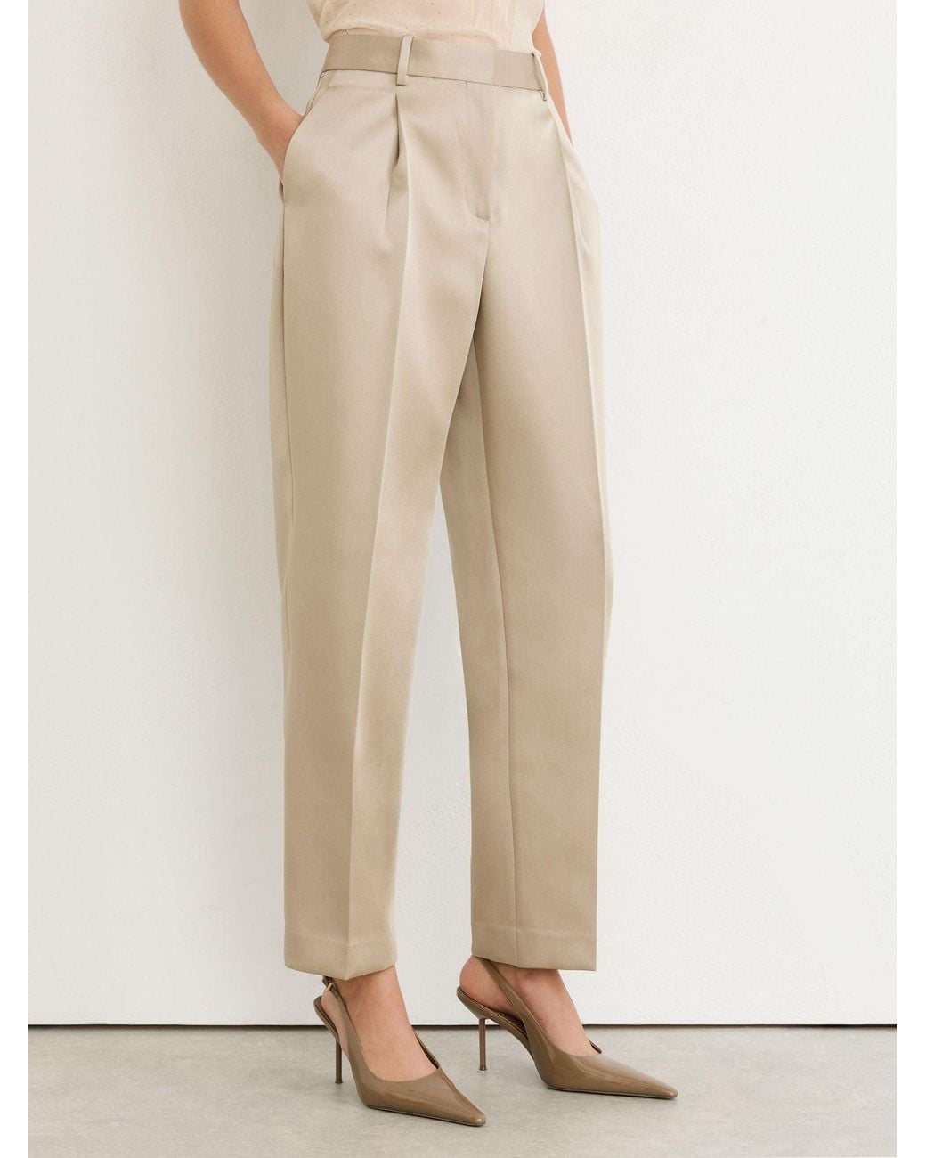 Reiss Natural Champagne Neutral Ellen Taper Petite Satin Single-Pleat Tapered Trousers