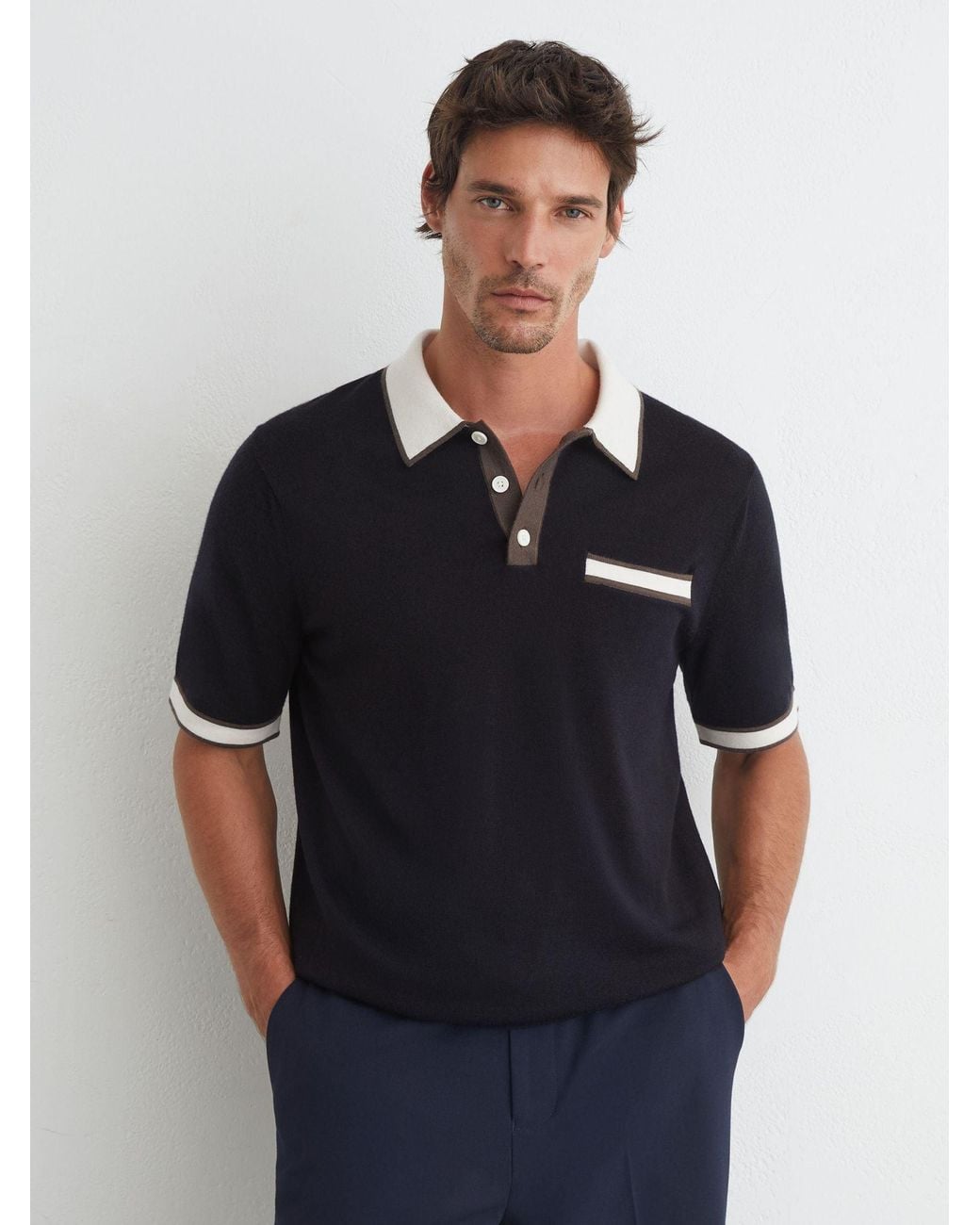 Reiss Black Merino Wool Contrast-Trim Polo Shirt for men