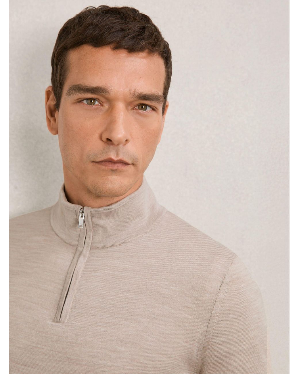 Reiss Natural Blackhall - Wheat Melange Merino Wool Zip Neck Jumper, S for men