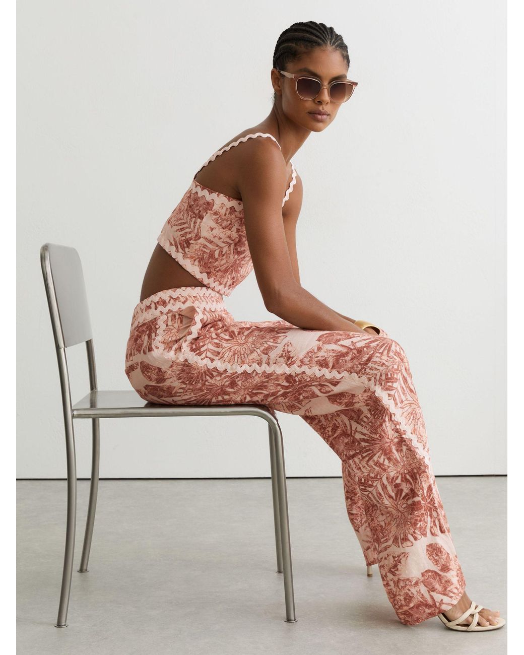Reiss Multicolor Linen Wave-Trim Printed Wide-Leg Trousers