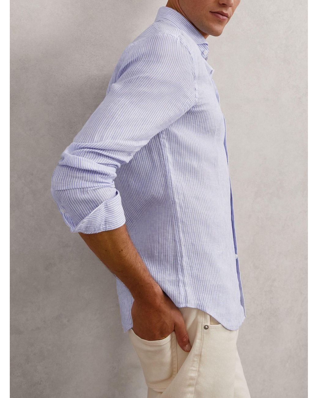 Reiss Purple Ruban - Bengal Blue White Linen Stripe Long-sleeve Shirt, Xxl for men
