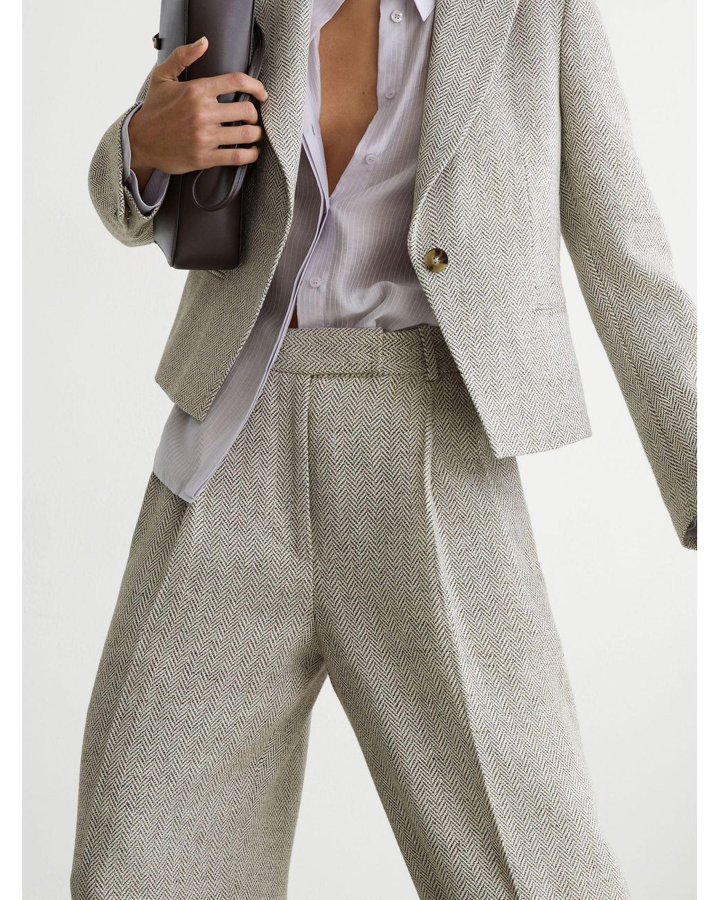 Reiss White Herringbone Linen-Blend Cropped Suit Blazer