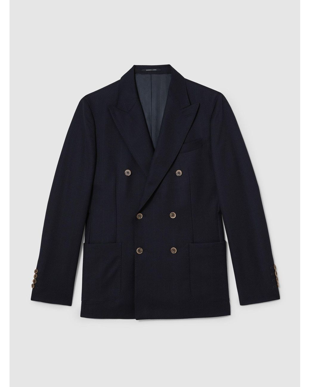 Reiss White Tailored Fit Wool Herringbone Double-Breasted Blazer for men