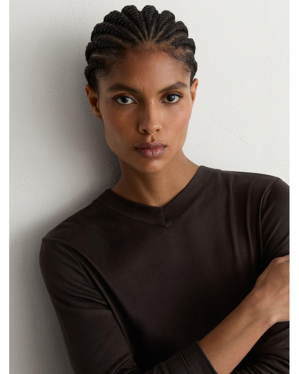 Reiss Black High V-Neck Long-Sleeve Top