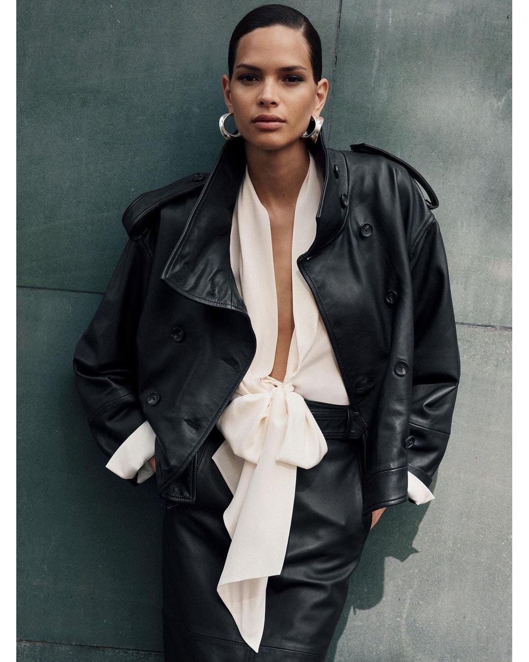 Reiss Gray Leather Belted Double-Breasted Jacket