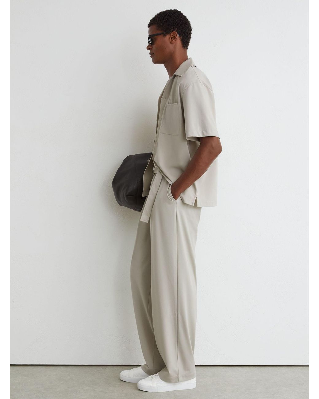 Reiss White Belted Relaxed-Fit Pleated Trousers for men