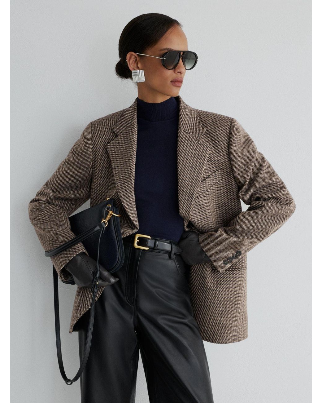 ATELIER Black Wool Cotton Check Single Breasted Relaxed Fit Blazer