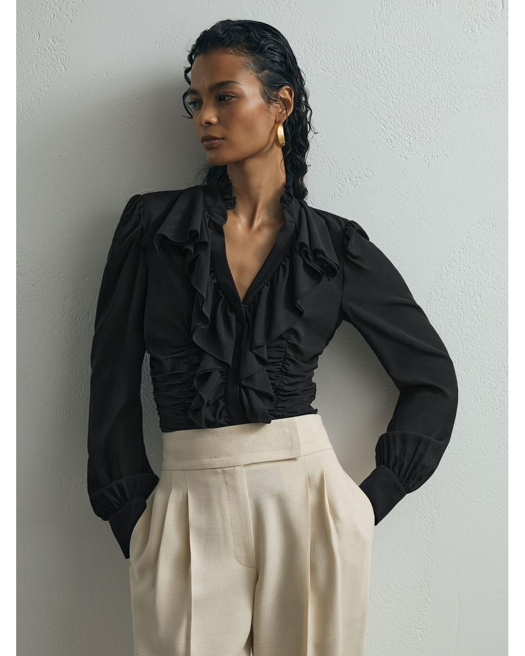 ATELIER Gray Silk-blend Ruffled Black Blouse