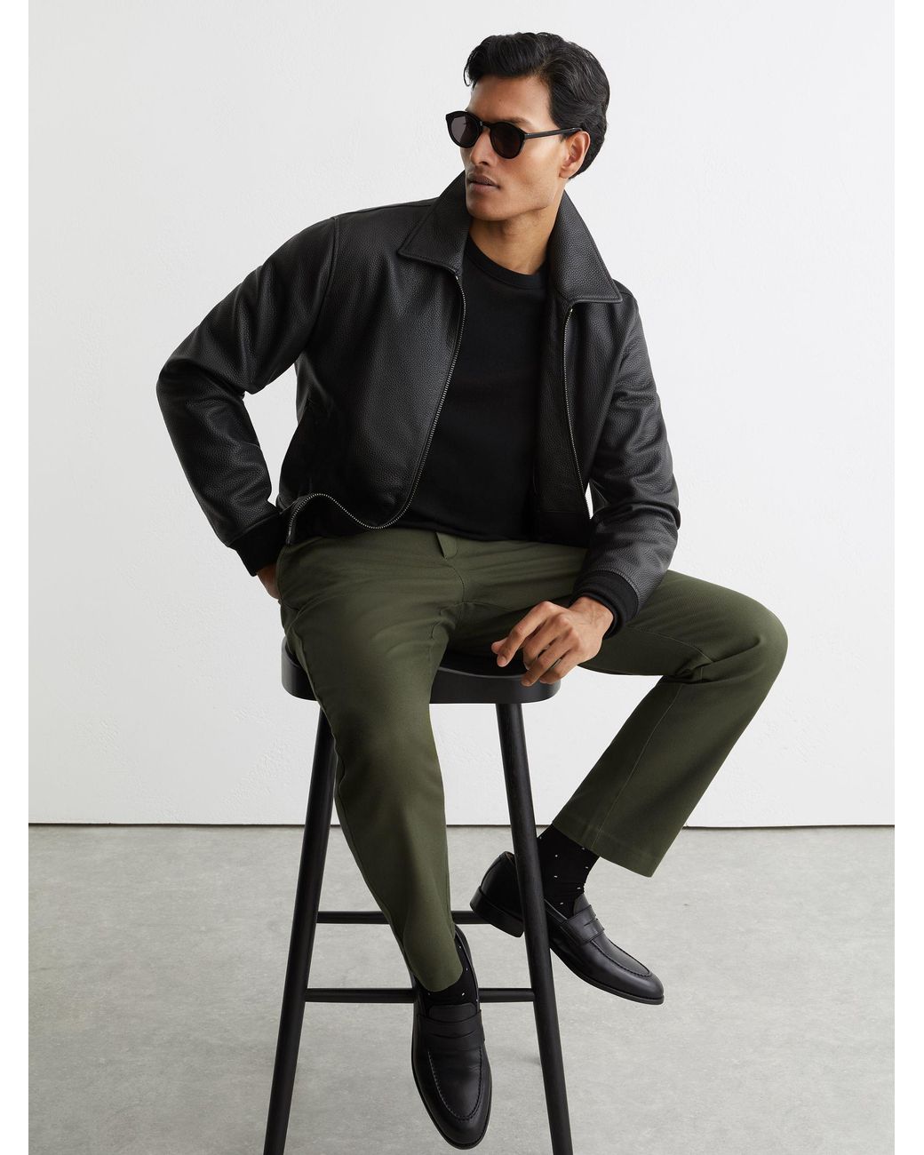 Reiss Black Cotton Piqué Chino Trousers for men
