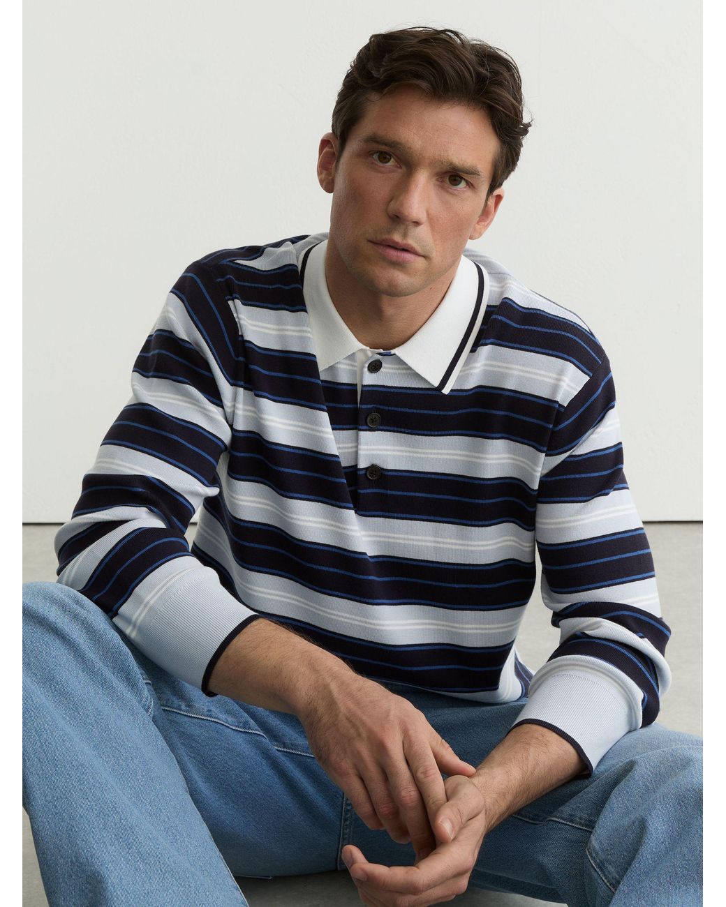Reiss Blue Rugby-Stripe Half-Button Jumper for men