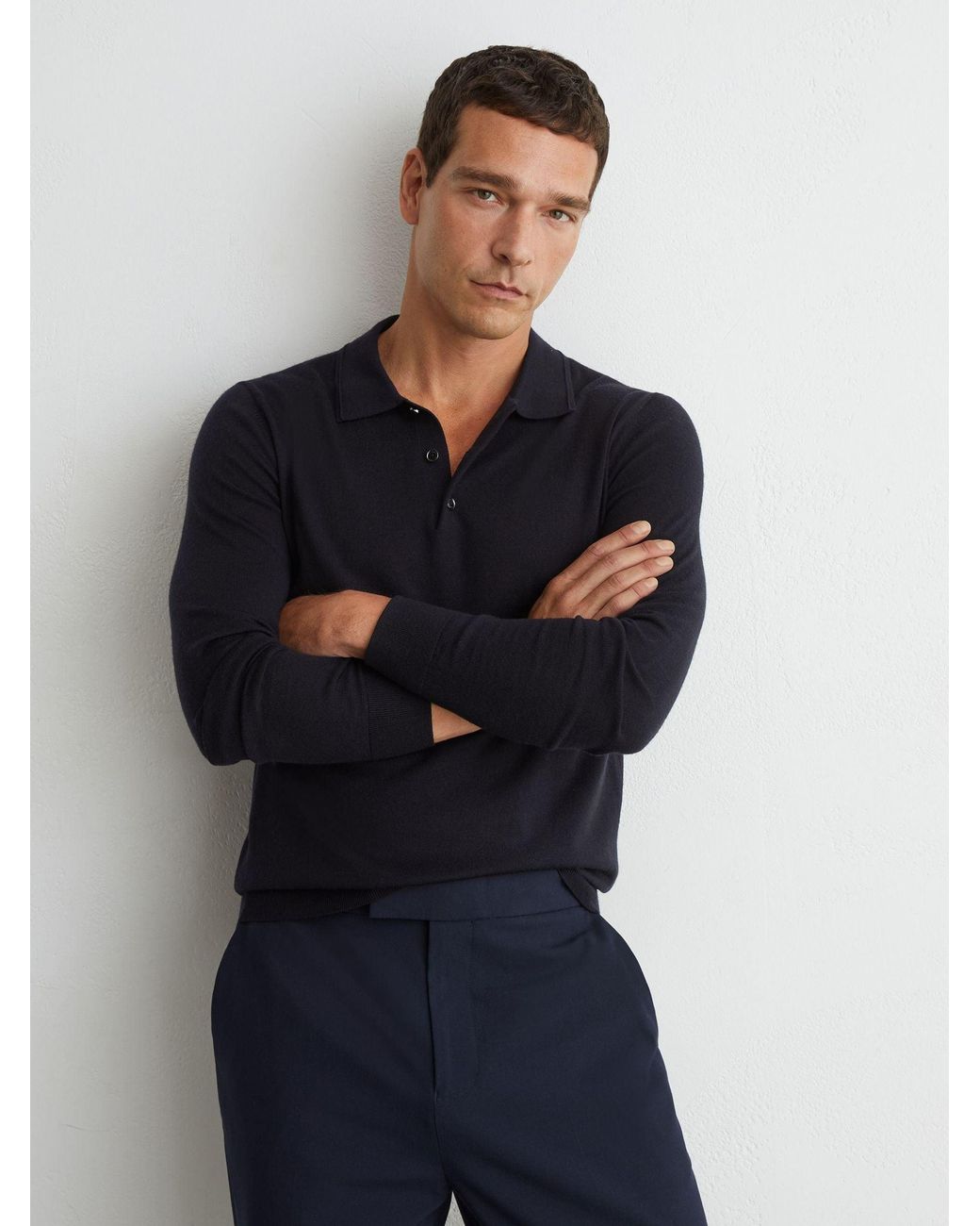 Reiss Blue Merino Wool Long-Sleeve Polo Shirt for men