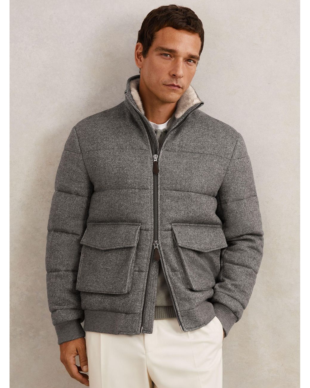 Reiss Gray Faux-Fur Collar Quilted Puffer Jacket for men