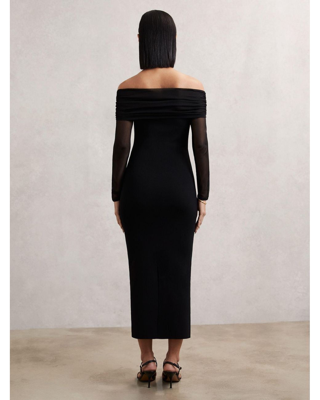 Reiss Black Sheer-Sleeve Knit Midi Dress