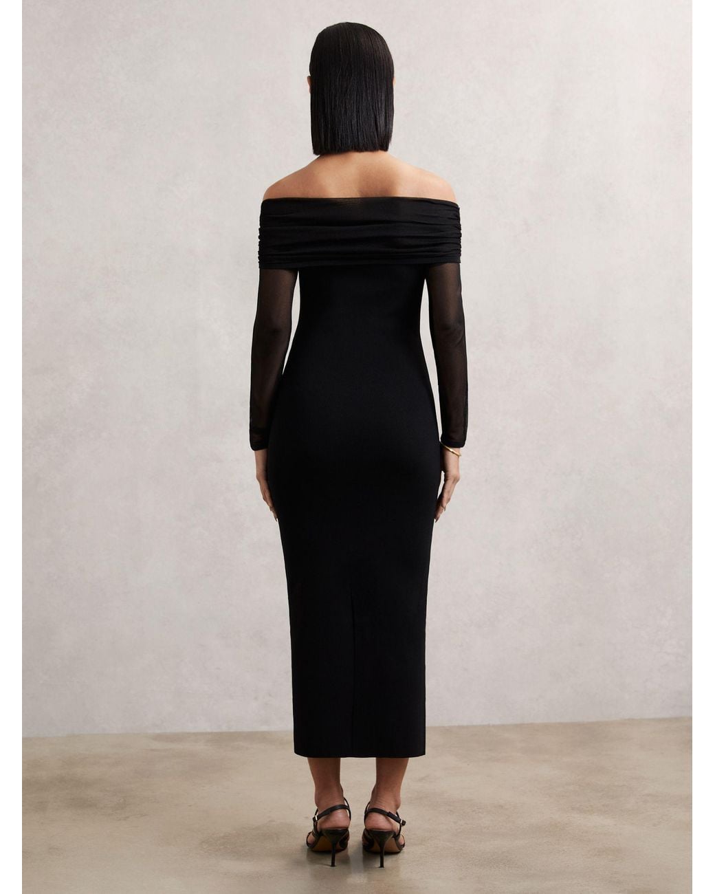 knee length dresses for ladies Off Track Black Bodycon Midi Dress With Sheer Sleeves – Club L London main image 0