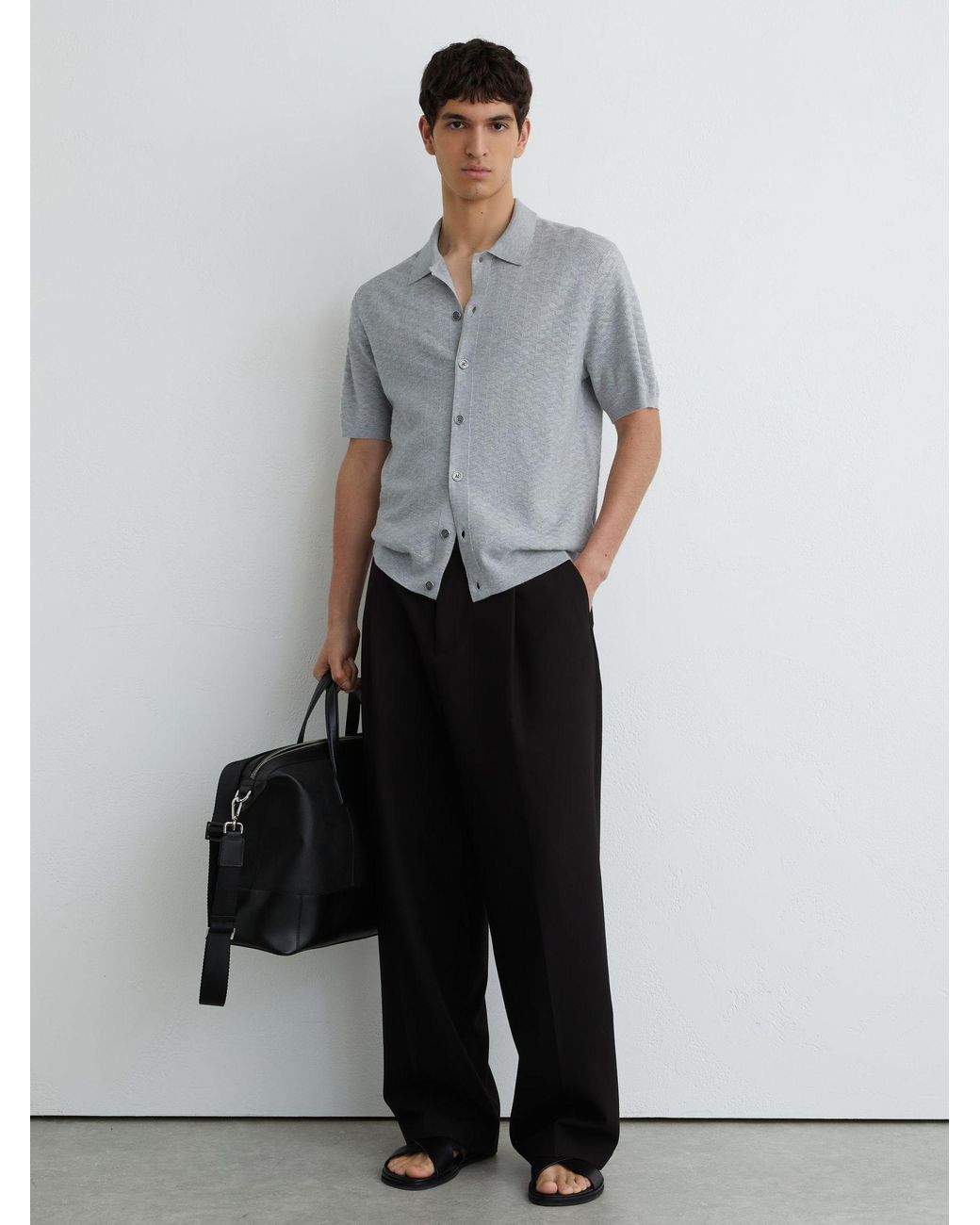 Reiss Gray Textured-Knit Button-Through Shirt for men