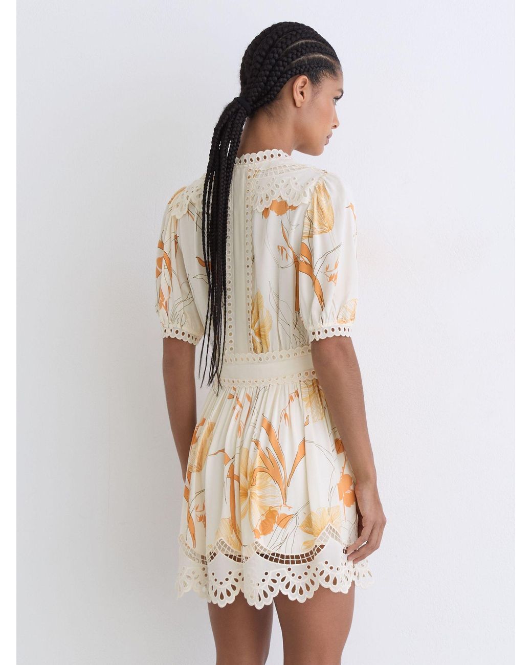 Reiss White Floral-Print Lace-Trim Mini Dress