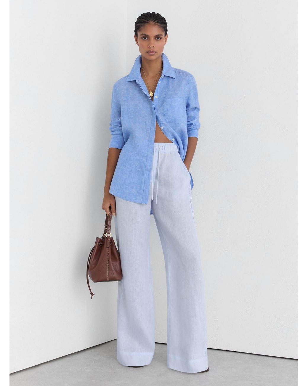 Reiss Riley - Silver Blue Linen Ladder-embroidery Wide-leg Trousers, Us 8 Long