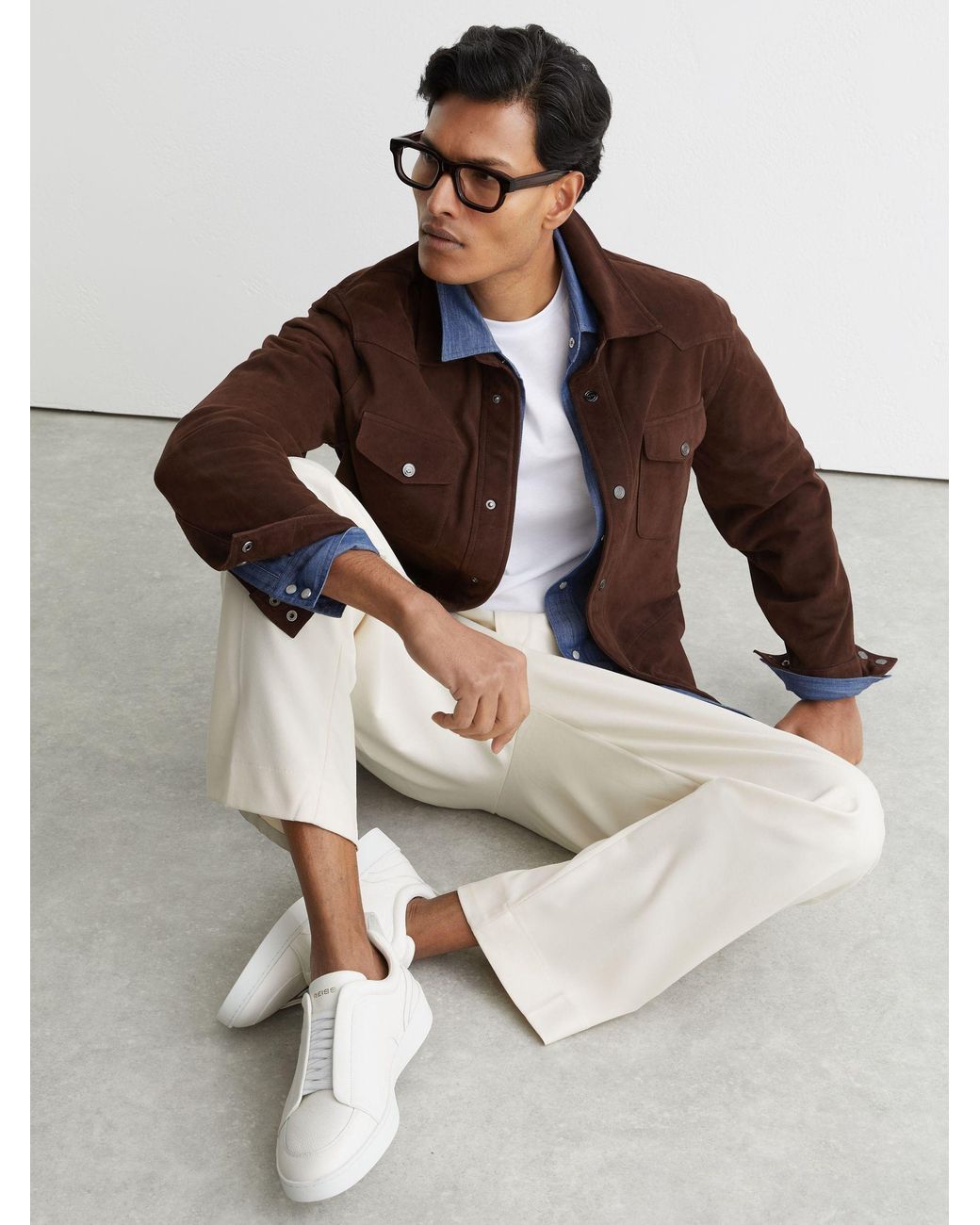 Reiss Natural Henry Bonded-Leather Elasticated Trainers for men