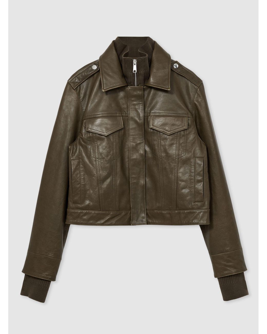 PAIGE Brown Leather Cropped Bomber Jacket