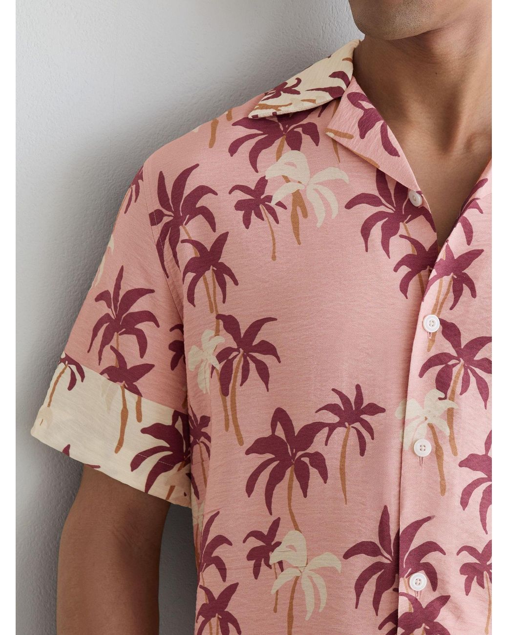 Reiss Pink Madrona Palm-Print Cuban-Collar Shirt for men