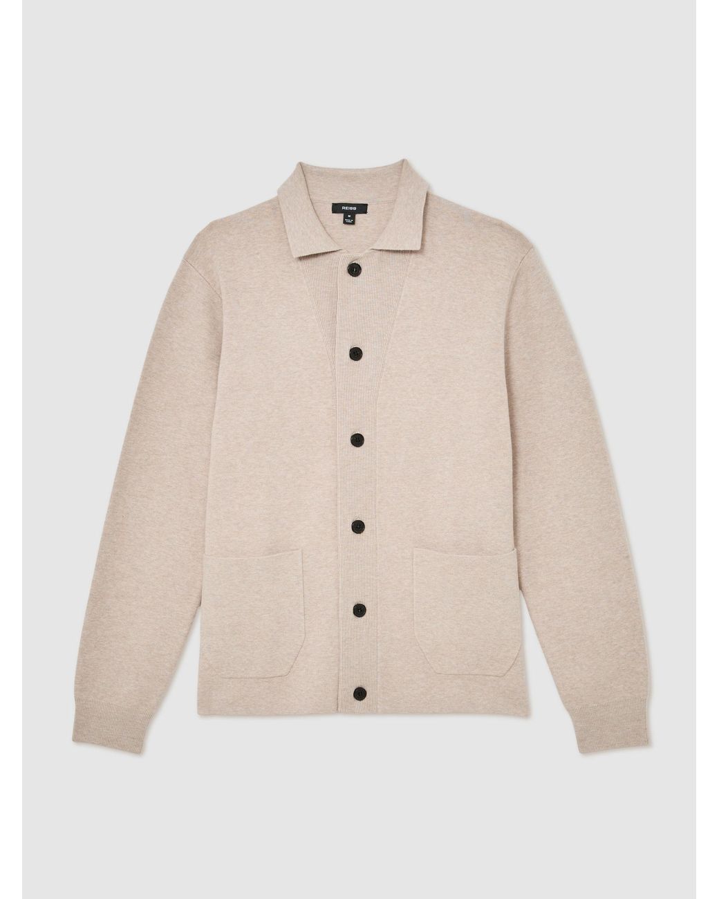 Reiss Natural Plaza - Oatmeal Collared Button-through Cardigan, L for men