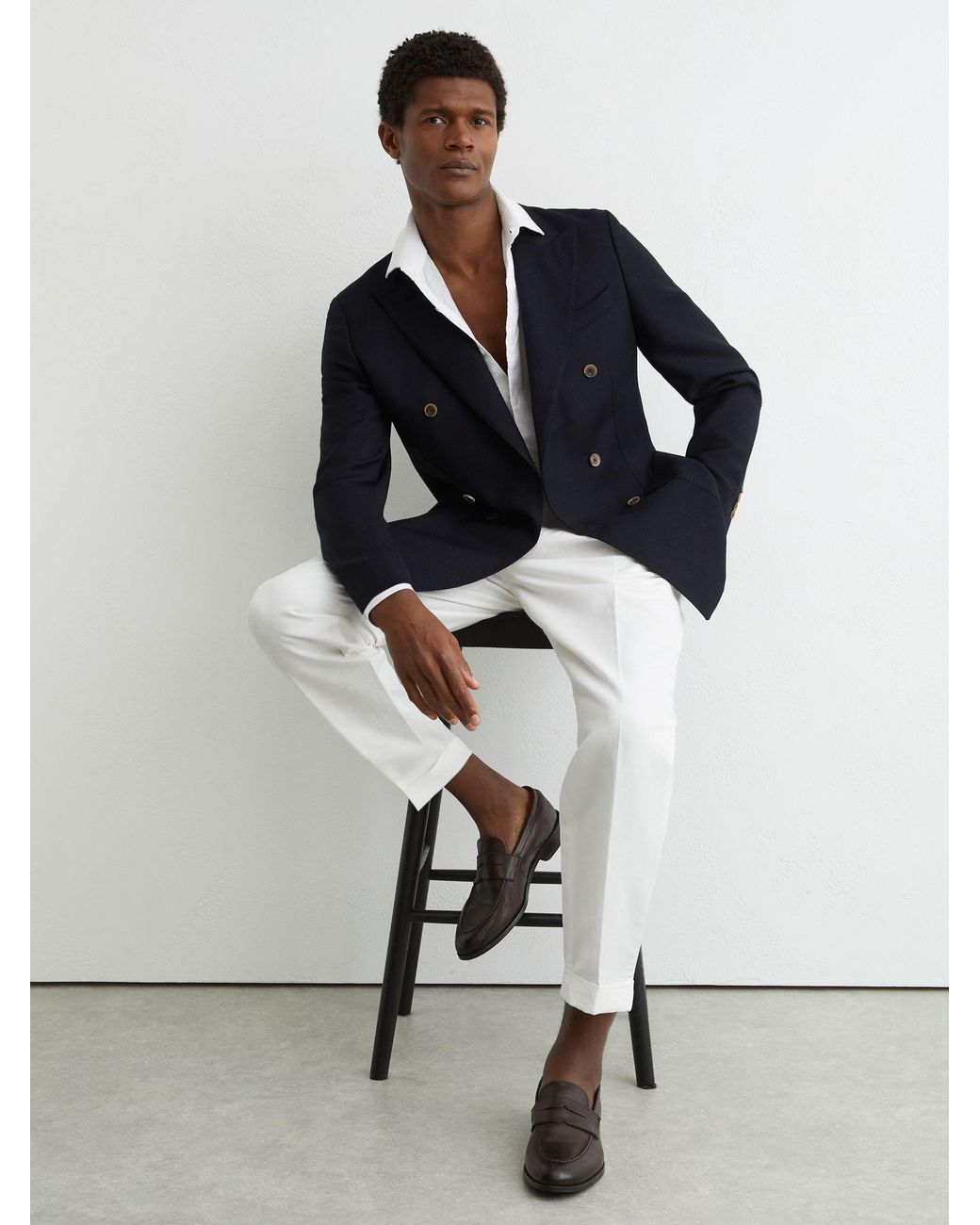 Reiss White Tailored Fit Wool Herringbone Double-Breasted Blazer for men