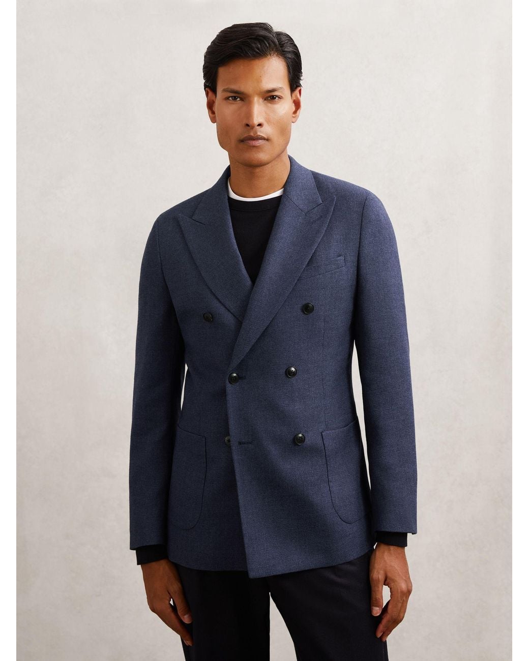Reiss Blue Wool-Blend Double-Breasted Blazer Slim-Fit for men