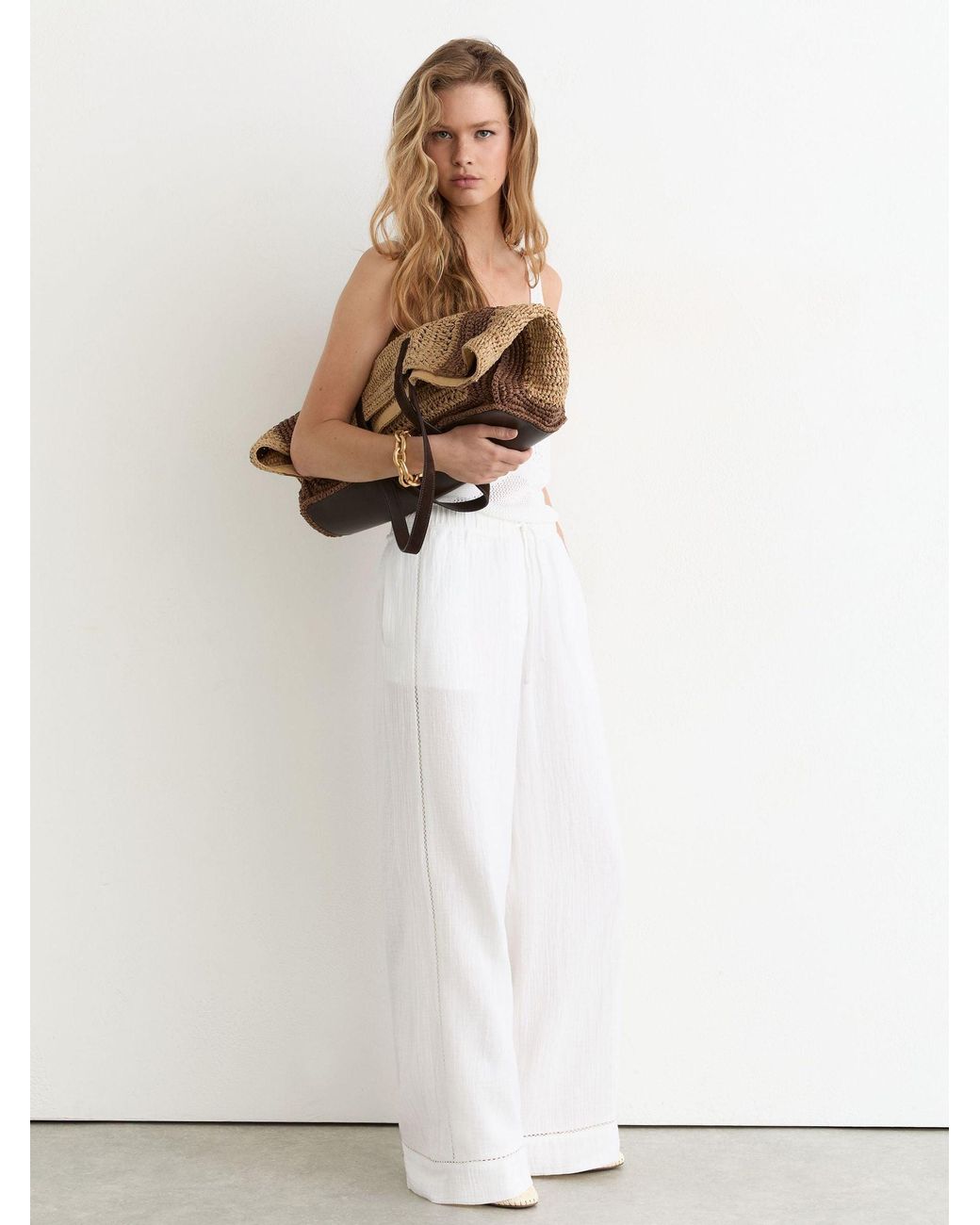 Reiss White Cotton Cheesecloth Wide-Leg Trousers