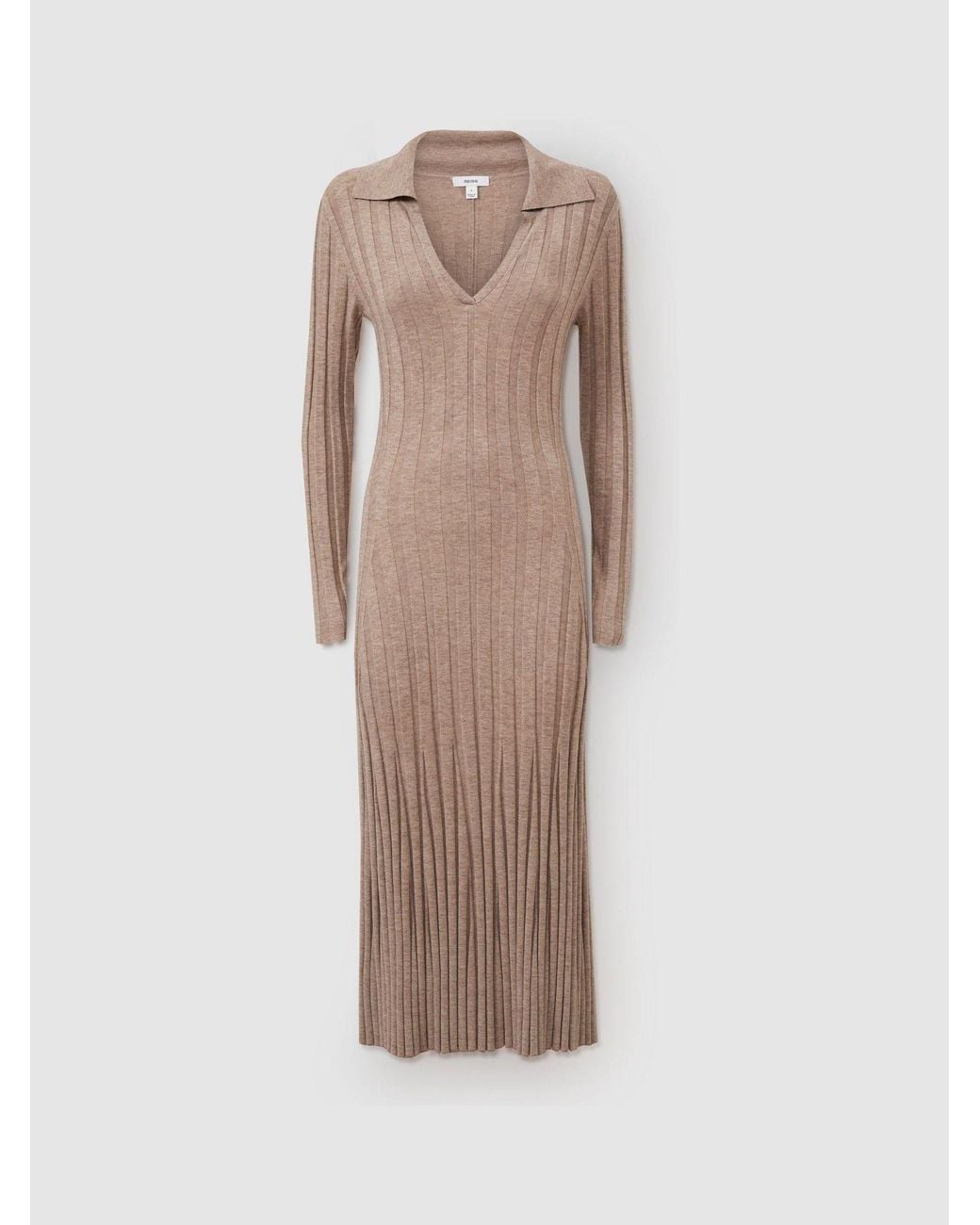 Reiss Natural Winnie - Neutral Petite Knitted Open Collar Midi Dress