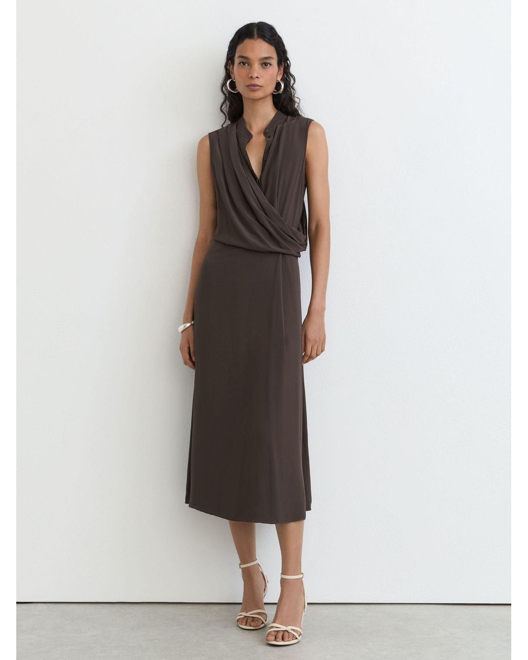Reiss White Drape-Detail Band-Collar Midi Dress