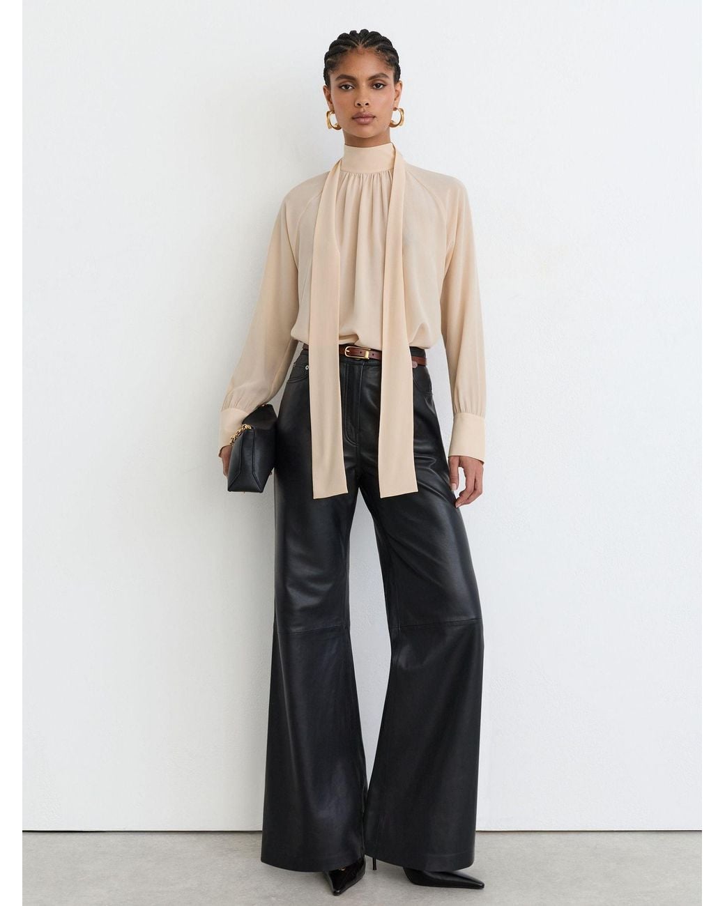 Reiss Natural Lila - Peach Orange Silk Tie-neck Long-sleeve Blouse, Us 2
