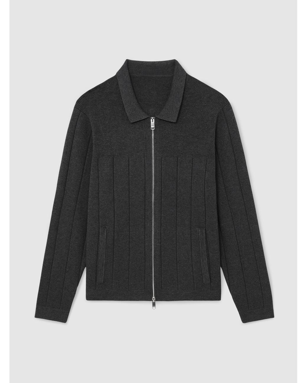 Reiss Black Cassius - Charcoal Melange Wide-rib Zip-through Cardigan, M for men